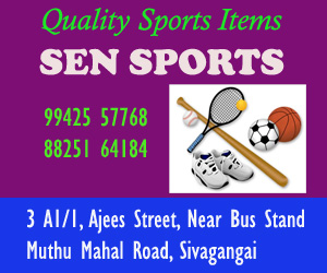 All sports items available at Sen Sports, near Sivaganga Bus Stand